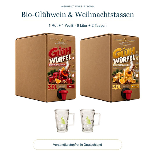 Gemischtes Bio-Glühwein-Bundle: 1 rote und 1 weiße 3-Liter-Glühwürfel mit 2 Weihnachtstassen