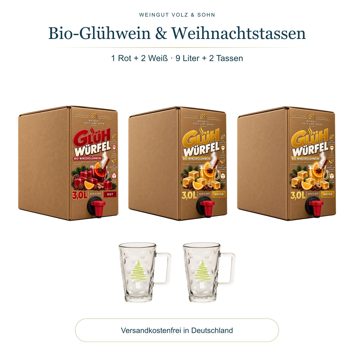 Gemischtes Bio-Glühwein-Bundle: 1 rote und 2 weiße 3-Liter-Glühwürfel mit 2 Weihnachtstassen