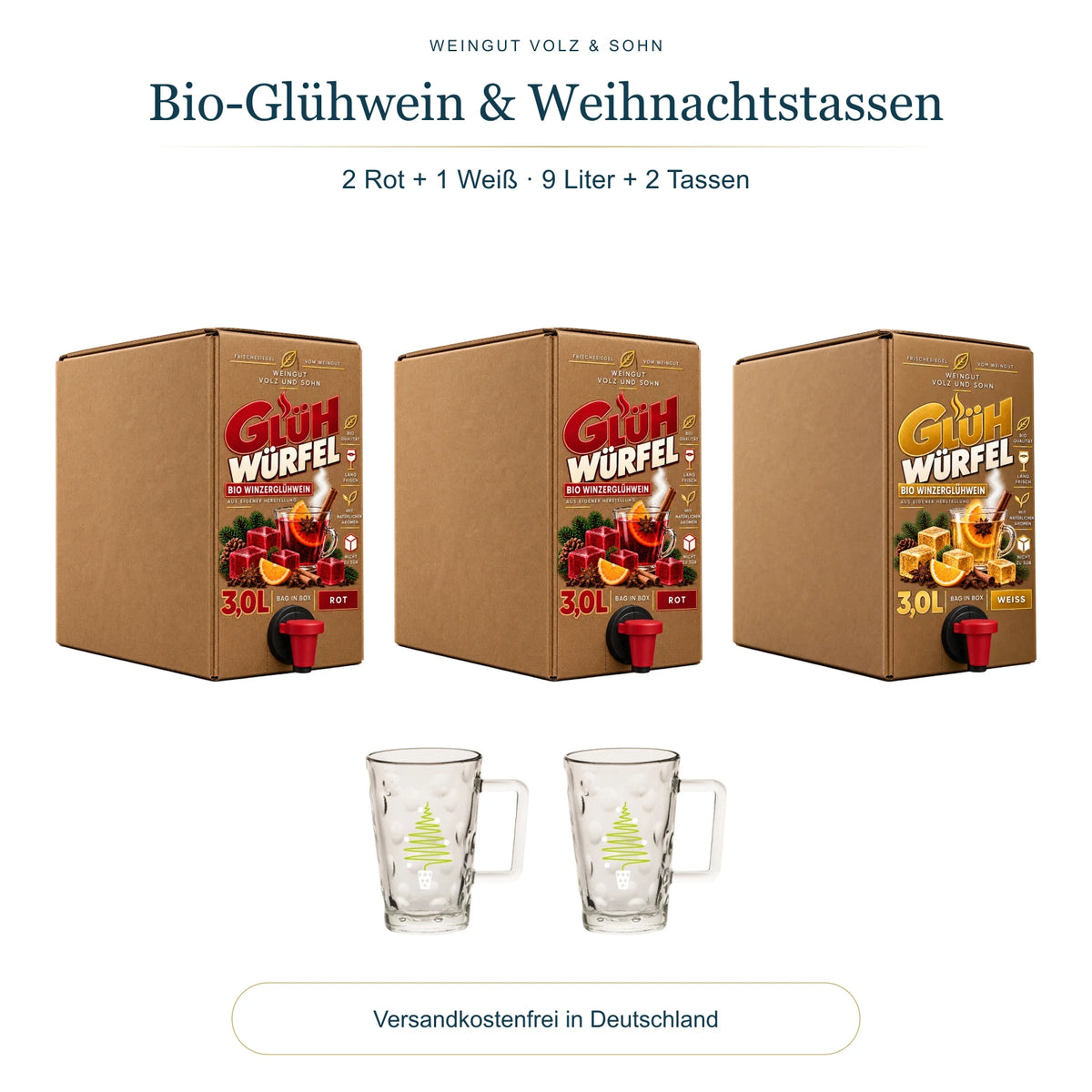 Gemischtes Bio-Glühwein-Bundle: 2 rote und 1 weiße 3-Liter-Glühwürfel mit 2 Weihnachtstassen