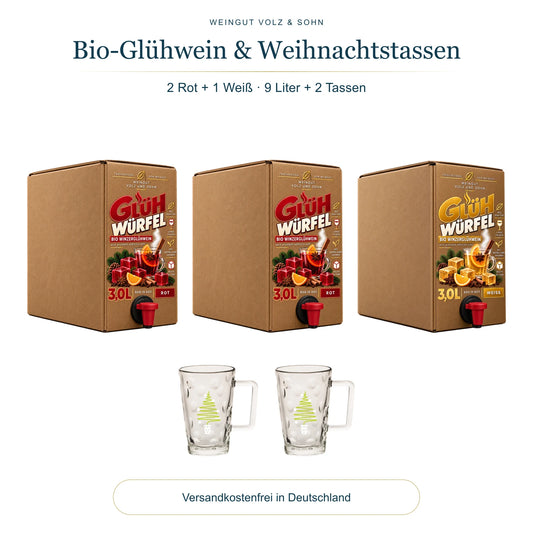 Gemischtes Bio-Glühwein-Bundle: 2 rote und 1 weiße 3-Liter-Glühwürfel mit 2 Weihnachtstassen