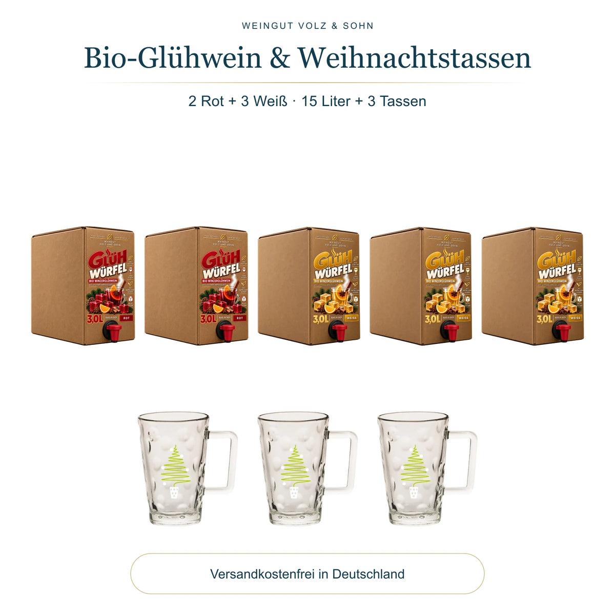 Gemischtes Bio-Glühwein-Bundle: 2 rote und 3 weiße 3-Liter-Glühwürfel mit 3 Weihnachtstassen