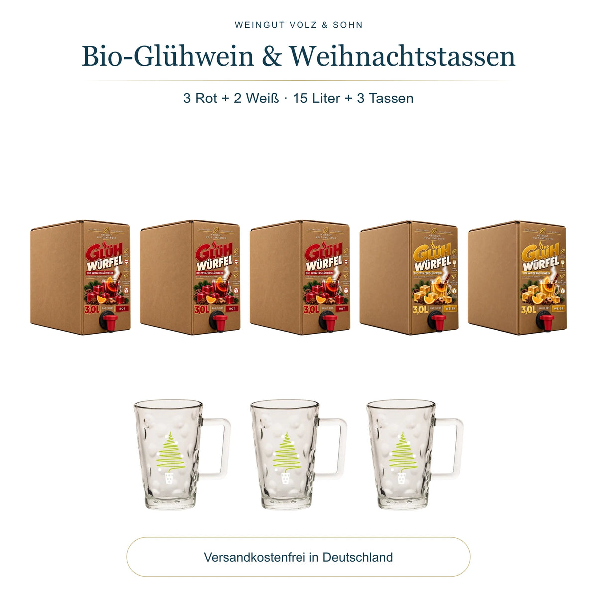 Gemischtes Bio-Glühwein-Bundle: 3 rote und 2 weiße 3-Liter-Glühwürfel mit 3 Weihnachtstassen