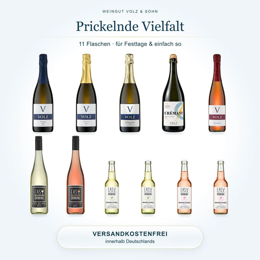 Prickelnde Vielfalt: 11 Flaschen mit drei Sekten, Crémant, Secco Rosé, Fizz Blanc und Rosé sowie je zwei Bio-Weinschorlen in Weiß und Rosé.