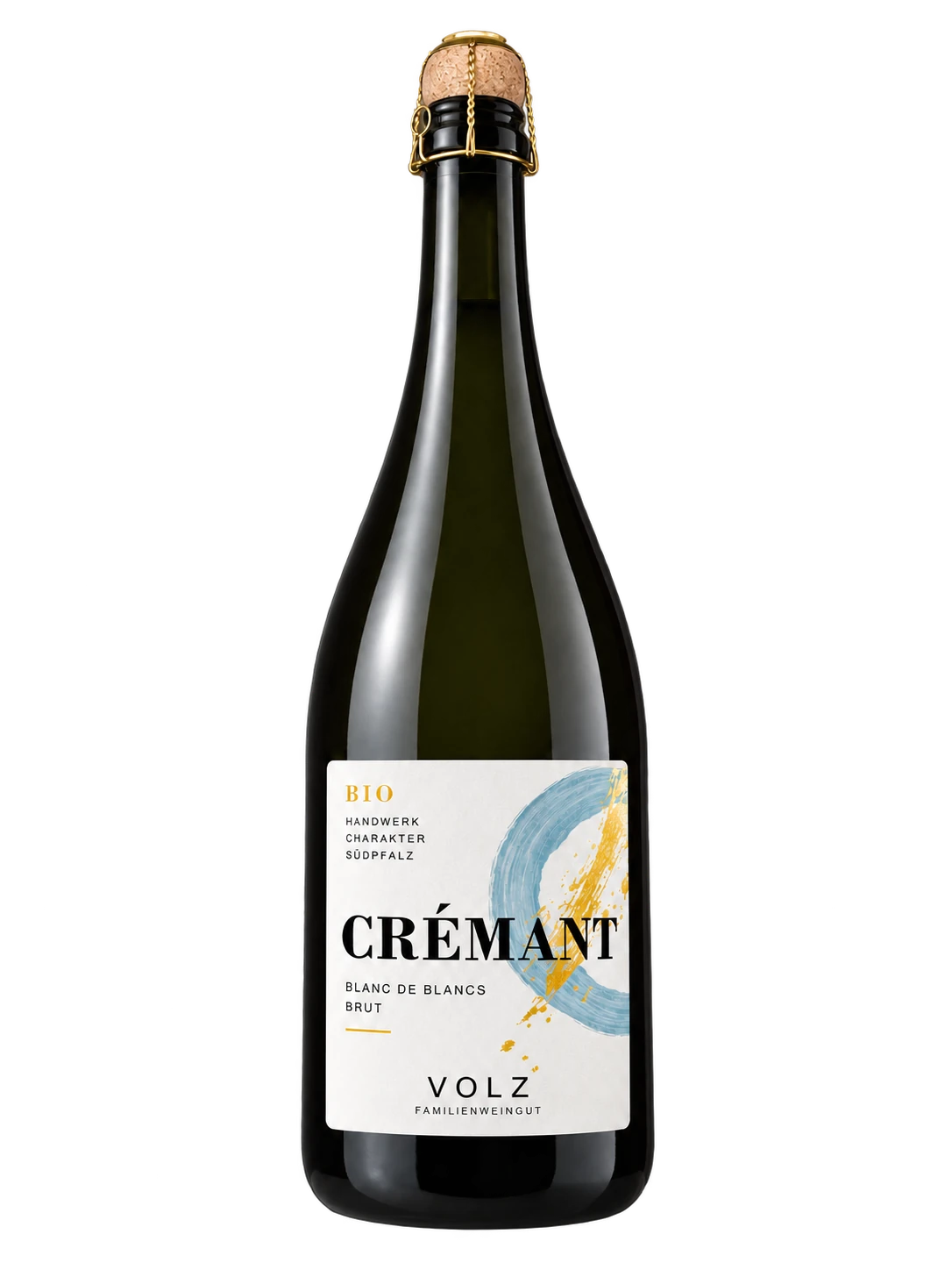 VOLZ Bio-Crémant Blanc de Blancs brut aus Pinot Blanc, 0,75-l-Flasche mit Korken und blau-goldenem Etikett
