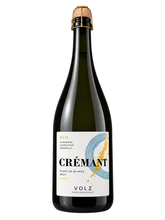 VOLZ Bio-Crémant Blanc de Blancs brut aus Pinot Blanc, 0,75-l-Flasche mit Korken und blau-goldenem Etikett